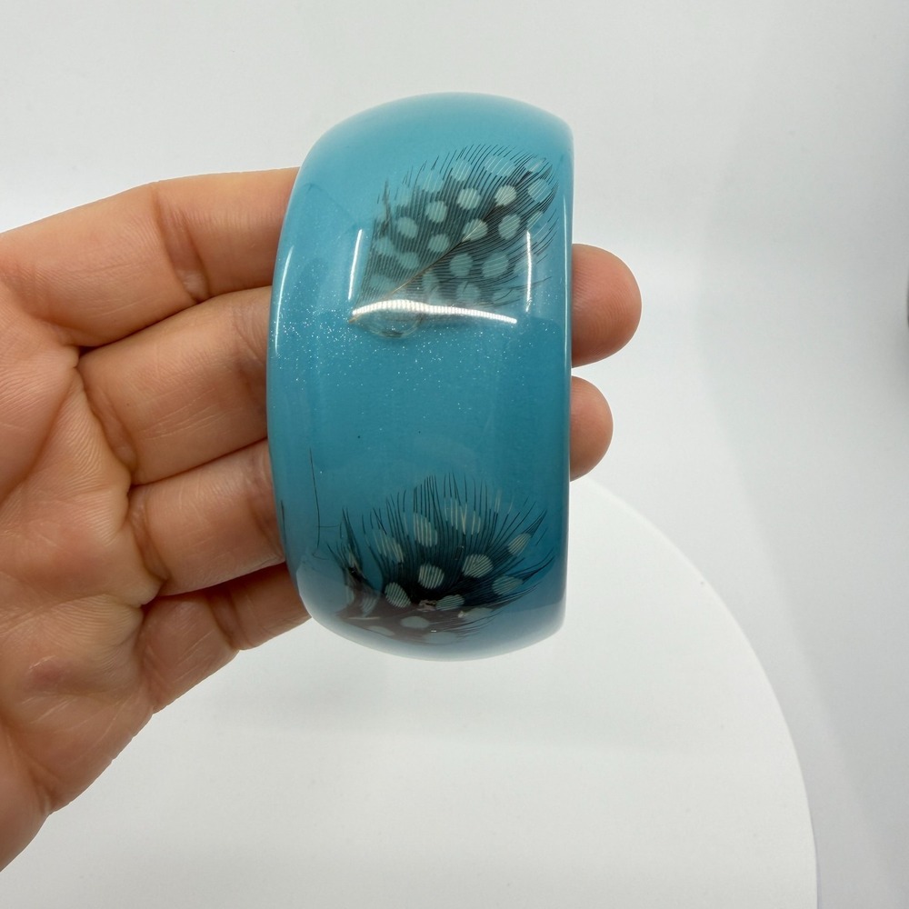 Teal Resin Bangle Bracelet with Feather Accents - Boho Statement Piece